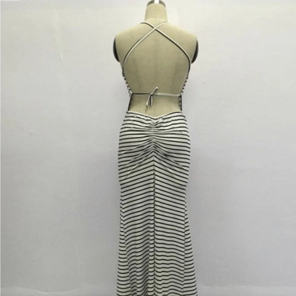 NEW BLACK & WHITE STRIPED HALTER MAXI DRESS - Picture 3 of 7